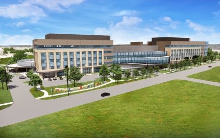 Exterior rendering of the front of the hospital building