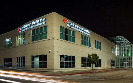 Exterior view of the building at nighttime