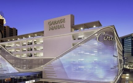 Street-level view of the Garage Mahal in Las Vegas.