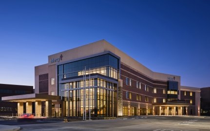 Exterior view of the hospital at nighttime