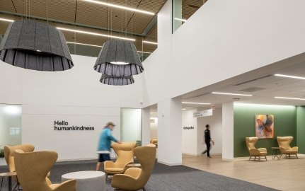A lobby area inside the healthcare facility