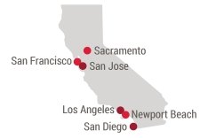 California map showing Sacramento, San Jose, Los Angeles, Newport Beach, San Diego and San Francisco.