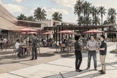 A sketch of a group of people chatting and sitting outside