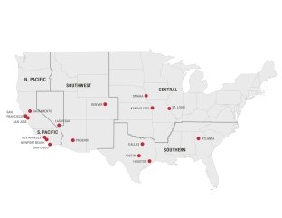 Map of the U.S. with McCarthy's regions and office locations