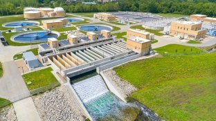 Exterior, aerial view of the Tomahawk Creek Wastewater Treatment Facility. 