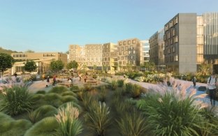 Exterior rendering of the SFSU student housing facility with a green space