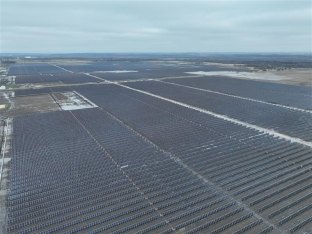 An aerial view of a solar field