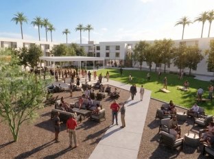 A rendering of an outdoor courtyard with people sitting and walking around