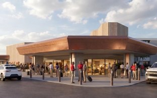 A rendering of the front of the anchor campus lobby entryway
