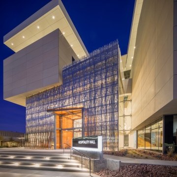 Exterior view of the building at nighttime