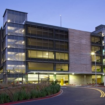 Exterior view of the parking garage. 