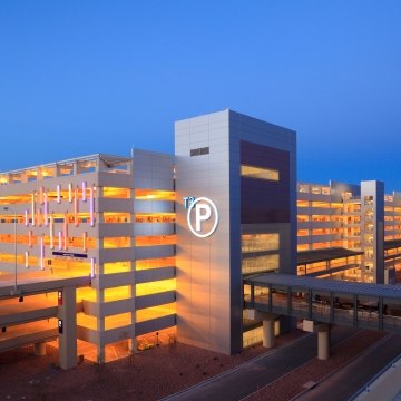 Exterior view of the parking garage at night.