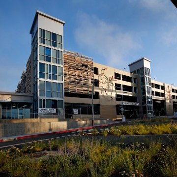 Exterior view of the parking garage. 