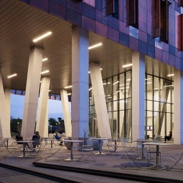 The front entrance of the futuristic Biodesign Institute at ASU.