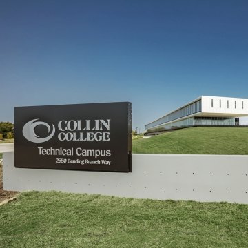 View with the building in the background and "Collin College" sign in the foreground