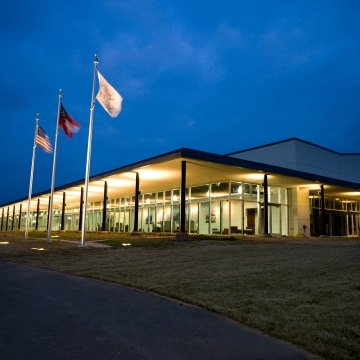 Exterior view of the building at nighttime