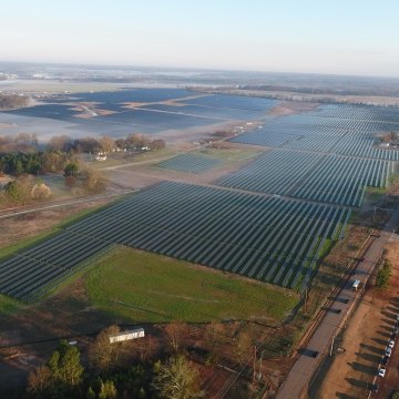 Aerial view of the expansive solar farm in Millington, TN. 