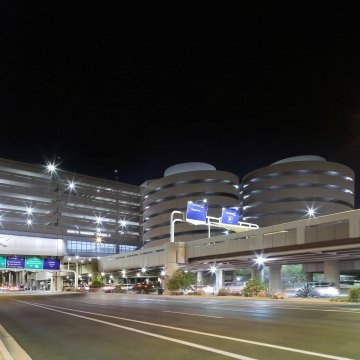 Phoenix Sky Harbor International Airport Terminal 4 exterior structure and roadway at night