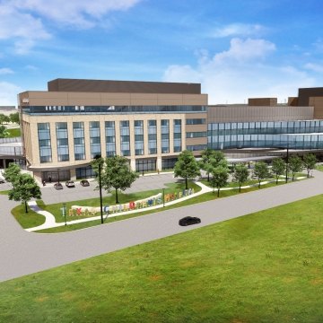 Exterior rendering of the front of the hospital building