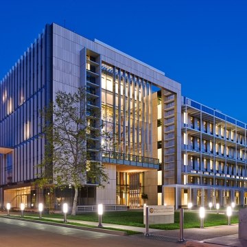 UCSD Biomedical Research Facility Exterior Lit Up at Dusk