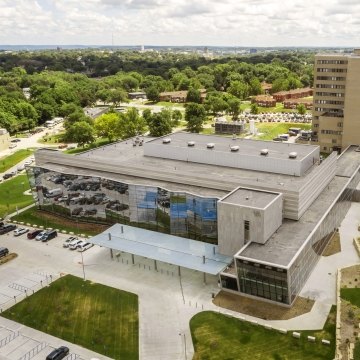 Exterior, aerial view of the Veterans Ambulatory Omaha