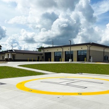 Exterior view of the EMS building and helipad