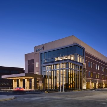 Exterior view of the hospital at nighttime