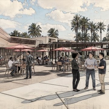 A sketch of a group of people chatting and sitting outside