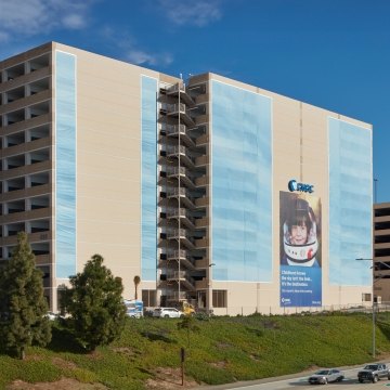 The exterior of the parking garage