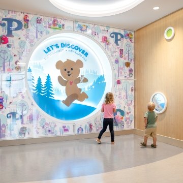Two children looking at a sign that says "Let's Discover"