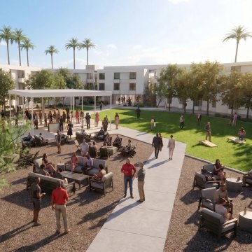 Rendering of a courtyard area with people sitting and walking