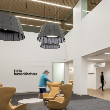 A lobby area inside the healthcare facility